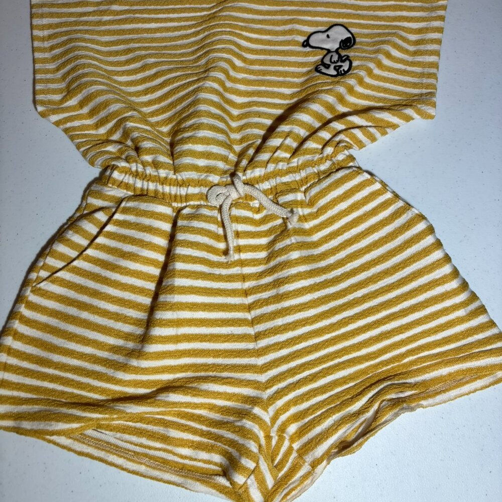 NWT Zara Peanuts Snoopy One Piece Romper Yellow White Stripes - Picture 2 of 11